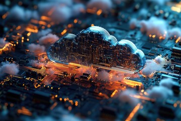 Poster - A computer motherboard with a cloud hovering above it, providing connectivity and virtual storage