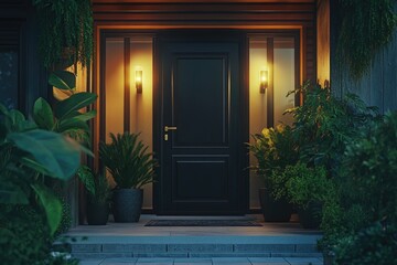 Aufkleber - A modern home exterior featuring a black front door surrounded by lush greenery and soft lighting