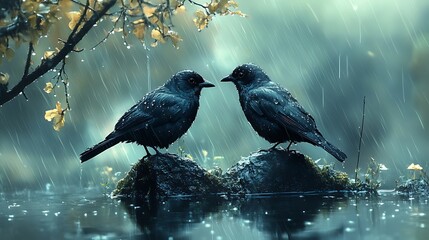 Wall Mural - Two birds perched on a rock in a pond during a light rain shower with branches of a tree overhead.