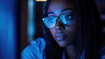 Poster - A portrait of a woman wearing glasses and focusing on the camera lens