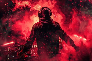 Poster - A person wearing a bright red jacket stands next to a professional DJ setup, perfect for music-related events or parties