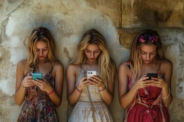 Sticker - Three friends examining their smartphones, possibly discussing shared content or comparing apps