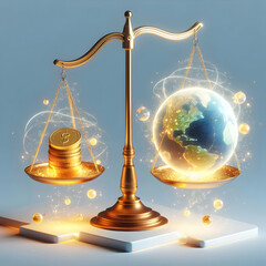 Wall Mural - 3D Holographic Scales Balancing Profit and Planet: Panning Shot of Gold Coin and Miniature Earth on White Platform, Sustainable Business Practices Visualized with Glowing Particles and Holographic Ele