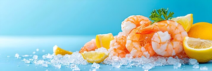 Poster - Delectable Arrangement of Assorted Fresh Seafood Such as Shrimp Crab Scallops and Oysters Chilled on a Bed of Crushed Ice with Lemon Wedges as Garnish