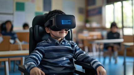 Poster - Young boy sits in a chair wearing a virtual reality headset, exploring digital worlds