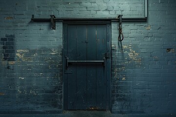 Poster - A blue brick wall with a locked door and chain, perfect for use in architecture or security themed projects