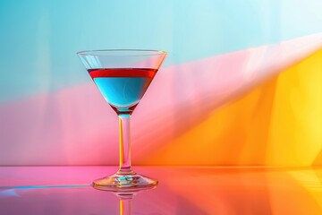 Poster - A glass containing red and blue liquids sits on a table
