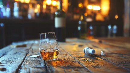 Aufkleber - A glass of whiskey sitting on a wooden table, perfect for a rustic or vintage-themed setting