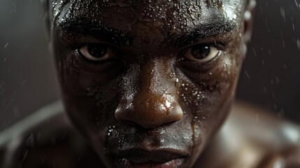 Poster - A close-up shot of a man's face with raindrops on his skin, possibly expressing a mix of emotions