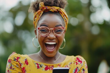 Aufkleber - A woman with glasses and a head scarf smiles while looking at her cell phone
