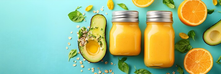 Aufkleber - Delicious and Healthy Breakfast Spread of Avocado Toast and Fresh Smoothie Served on a Colorful Patterned Tablecloth for a Nutritious and Vibrant Start to the Day