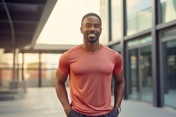 Sticker - Portrait of a glad afro-american man in his 30s wearing a moisture-wicking running shirt while standing against dynamic fitness gym background