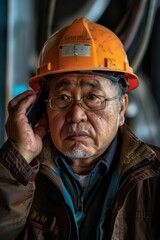 Canvas Print - A construction worker taking a call while wearing a hard hat and protective gear, suitable for use in industry or construction-themed projects