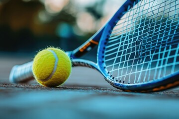 Canvas Print - A tennis racket and ball on an indoor or outdoor tennis court