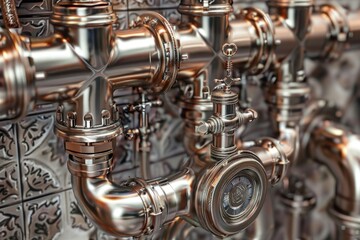 Poster - Pipes and valves installed on a wall in an industrial setting