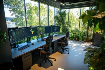 Poster - A person working at a desk with two computer monitors and a keyboard, perfect for office or home use