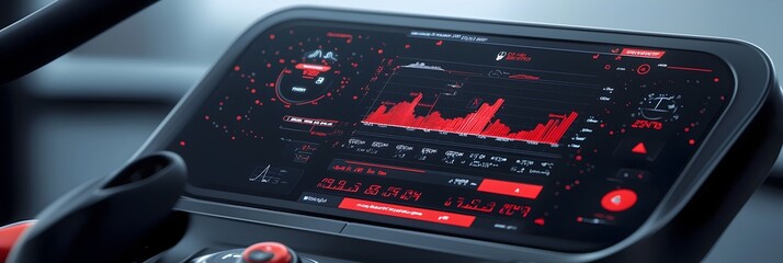 Leinwandbilder - Digital Treadmill Console Displaying Workout Metrics Blurred Gym or Fitness Center Background