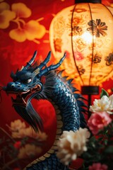 Poster - A statue of a dragon with a lantern in the background, perfect for fantasy or mythical themed images