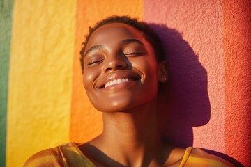 Sticker - A young woman with a bright smile leaning against a vibrant colored wall, great for lifestyle and travel images