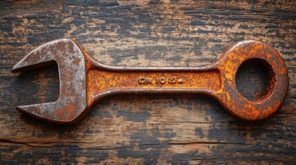 A rusty wrench rests on an aged wooden surface, showcasing the wear and history of tools used in construction and repair throughout the years