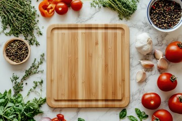 A bamboo cutting board with freshly chopped vegetables, herbs, arranged neatly on a kitchen counter. The clean, natural design of the bamboo emphasizes an eco-friendly, sustainable lifestyle.