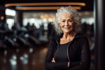 Sticker - Portrait of a grinning elderly woman in her 90s wearing a chic cardigan isolated on dynamic fitness gym background