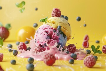 Poster - A delicious scoop of ice cream topped with fresh raspberries and blueberries, perfect for a sweet treat or dessert