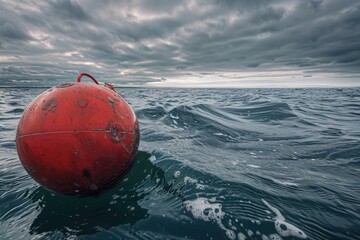 Canvas Print - A red buoy floating on the surface of calm water, ideal for use in beach or lake scene compositions