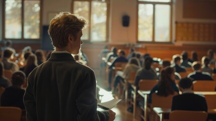 Aufkleber - A professor stands at the front of a packed classroom, surrounded by students taking notes