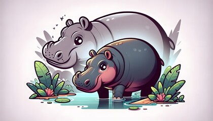 cartoon illustration of two hippos in a jungle setting. The larger hippo is gray and is standing on its hind legs, looking to the left, while the smaller hippo is blue and is wading in a stream of wat