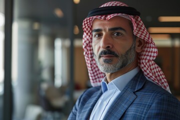 Aufkleber - A businessman wears a suit and a distinctive checkered head scarf, perfect for corporate events or fashion photoshoots