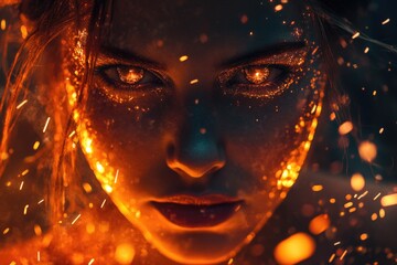 Poster - Close-up portrait of a woman with glowing eyes, suitable for dark fantasy or horror themes