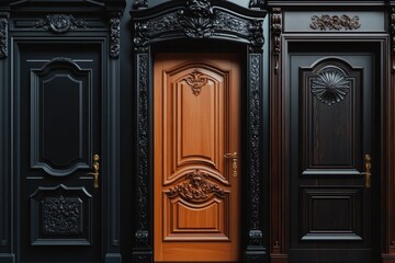 Poster - Close-up shot of a wooden door with intricate details and carvings