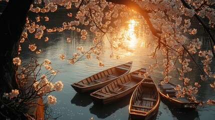 Wall Mural - Two boats sit idle on the calm surface of a lake, surrounded by lush greenery