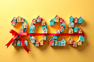 Numbers for the new year 2025 made of colorful private houses and tied with a red gift ribbon on a orange yellow background. Real estate market, buying a new house concept