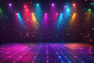 Aufkleber - A vibrant and modern dance floor with no dancers, illuminated by bright colors