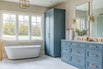Aufkleber - Bathroom interior with modern tub, sink, and window