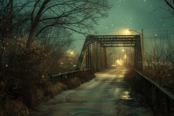 Poster - A bridge illuminated by a single street light, spanning across a river at night