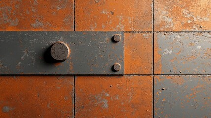 Rusted metal surface with corrosion, featuring textured orange and gray panels, evokes sense of industrial decay and age. weathered appearance adds character and depth