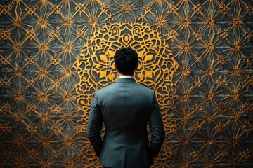 Poster - A business professional standing near a white or gray wall, possibly waiting for an interview or meeting