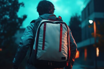 Poster - A person walking down the street carrying a backpack, ideal for use in travel, adventure or outdoor themed projects