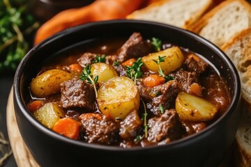 Poster - A warm bowl of homemade stew served with fresh bread and carrots, perfect for a cozy meal