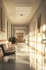 Poster - Long corridor with chairs lined up against walls featuring framed images