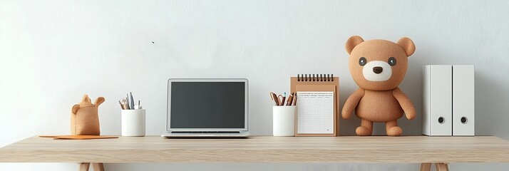 Poster - Minimalist desk setup with a laptop and planner suggesting a productive and organized workday  This image conveys the concept of efficiency focus