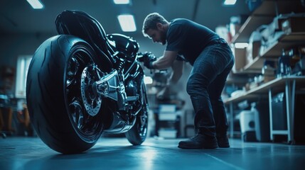 Poster - A person tinkers with a bike in a home workshop setting
