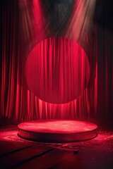 Poster - A stage with red curtains and a circular light, suitable for concerts or performances