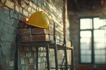 Poster - A yellow hard hat sits atop a brick wall, perfect for construction or DIY projects