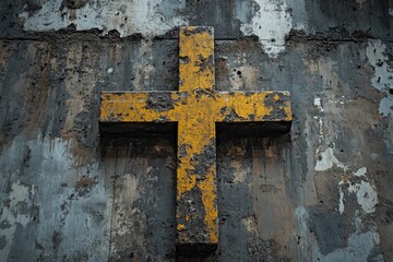 Poster - A yellow cross on a worn out wall with peeling paint, representing decay and neglect