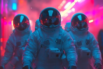 Wall Mural - three astronauts in futuristic suits walking through a colorful, neon-lit environment.
