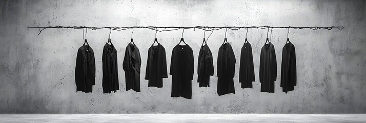 Aufkleber - Neatly organized and symmetrically aligned hangers displaying a collection of monochrome outfits in a sleek minimalist studio setting  The clean modern aesthetic showcases the focus on fashion design